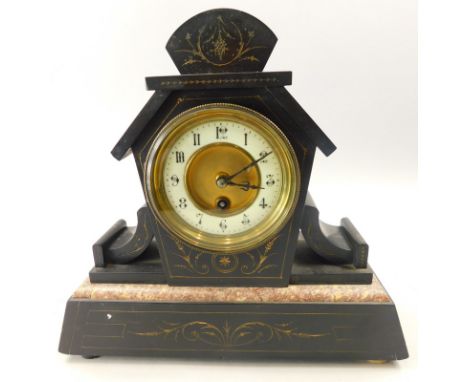 A French black slate and marble mantel clock, with shaped case, the enamel dial with Arabic numbers on a tapering plinth, 31c