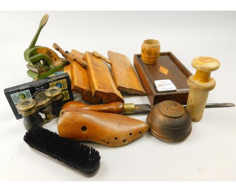 A collection of items, to include shoe last, long handled vintage screwdriver, some planes, books etc.