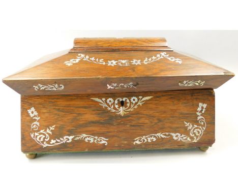A Victorian rosewood and mother of pearl inlaid sarcophagus shaped tea caddy, on bun feet (AF), 33cm wide