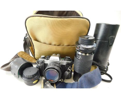 A quantity of camera equipment, to include a Tamron lens, Rollei single lens reflex camera etc.