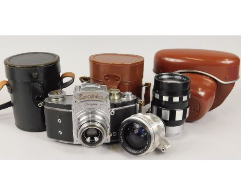 An Exacta Ihagee camera, with two additional lenses, a 2.8 135mm lens from Sankor of Japan and a Carl Zeiss Flektogon 2.8 35m