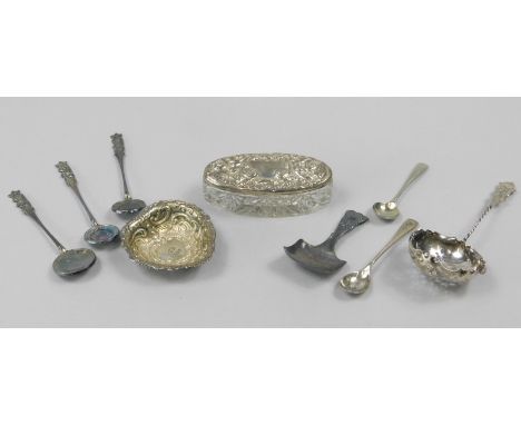 A collection of small silver and white metal, to include a caddy spoon, a desk tidy with silver mount, bon bon dish, sifter s