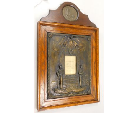 A framed World War I memorial, with presentation printed annotation - In loving memory of Private Frederick Moore of the Linc