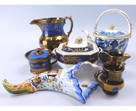 A collection of pottery and porcelain, to include a Spode Felspar porcelain two handled sugar bowl and cover, a faience cornu