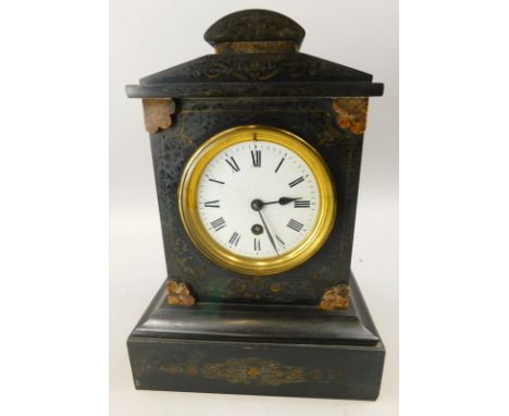 A late 19thC French black slate and marble mantel clock, the enamel dial with Roman numerals, 30cm high