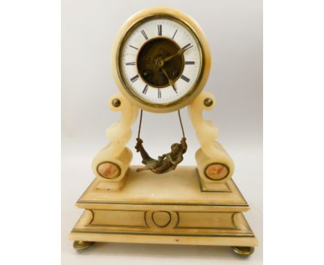 A French late 19thC alabaster mantel clock, the circular dial with Roman numerals on shaped supports with unusual spelter fig