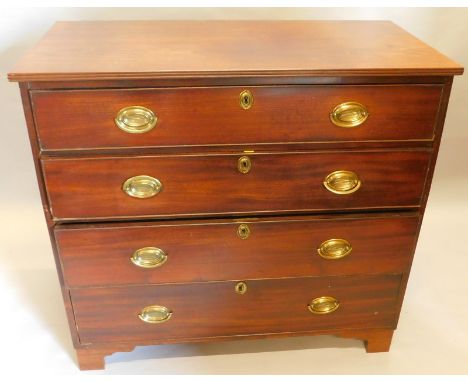 An early 19thC mahogany chest of drawers, the top with a reeded edge above four graduated drawers each with oval handles, on 