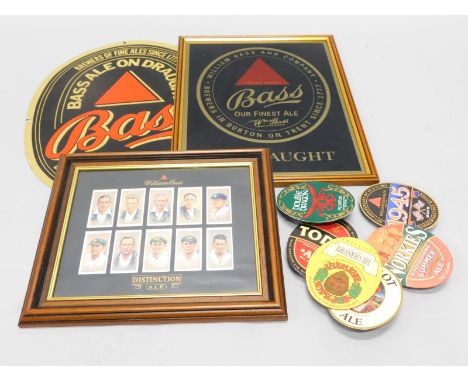 Miscellaneous brewery related items, to include a Bass enamel type sign, another framed, cigarette cards etc.