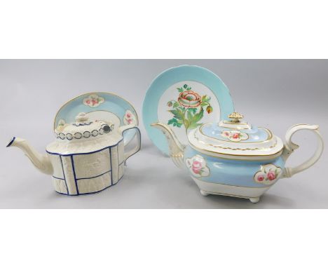 A collection of 19thC ceramics, to include a Derby teapot, decorated with roses, a Castleford type teapot with hinged cover a