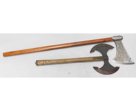 Two replica weapons, a double headed axe and a single headed axe, each with wooden handles