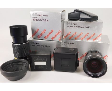 A quantity of Mamiya camera equipment, to include a Mamiya 645 Pro body, a roll film back for 645 pro, an AE Prism finder for