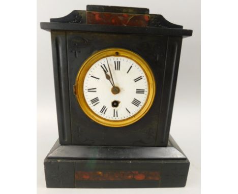 A French black slate and marble mantel clock, the enamel dial with Roman numerals, (AF), 23cm wide
