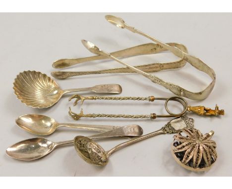 Miscellaneous items, to include Continental sugar tongs, with bear finial, silver sugar tongs etc.