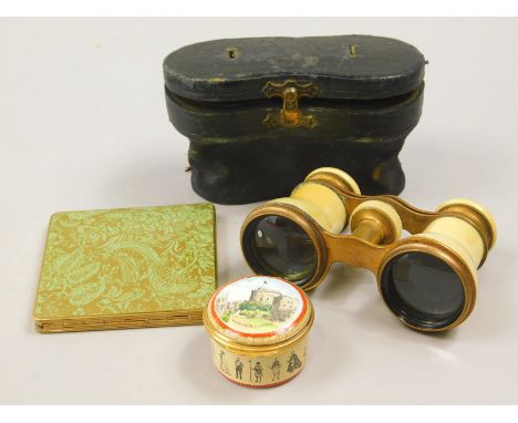 A collection of items, to include an enamel box and cover decorated with Windsor Castle, 20thC opera glasses stamped W Batty 