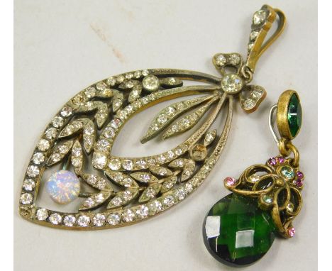 Two dress pendants, to include a 1920s/30s style white paste stone and opal set pendant with bow form and leaf design, 5cm hi