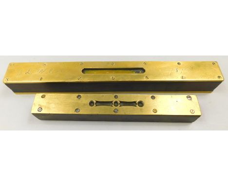 Two early 20thC hardwood and brass spirit levels, one stamped R and Co Lincoln 1917, the other J Coopland R and Co