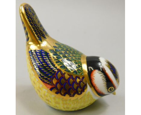 A Royal Crown Derby porcelain wren shaped paper weight, gold button to underside