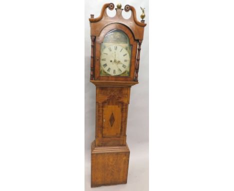 A 19thC mahogany, oak and inlaid country longcase clock, the 31cm wide arched dial with Roman numerals, subsidiary second han