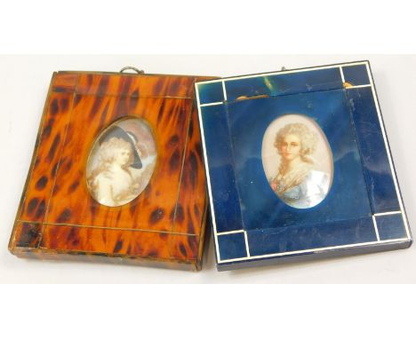 A pair of 20thC portrait miniatures, each in simulated tortoiseshell frames, depicting ladies in 18thC dress