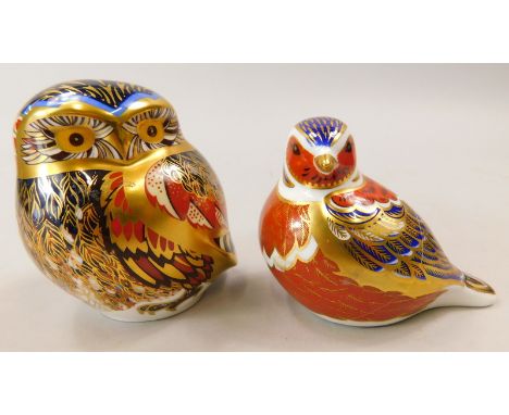 Two Royal Crown Derby porcelain paperweights, owl and a partridge, gold button