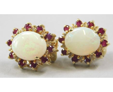 A pair of opal cluster earrings, set with rubies and diamonds, yellow metal, marked 585, 6.5g all in. 