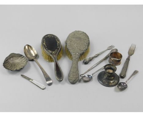 A collection of silver and silver mounted items, to include a butter dish, a fruit knife with mother of pearl handle, button 