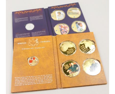 Two medallion sets, the Winston Churchill five coin gold plated and copper set, with presentation packaging and a similar Pri