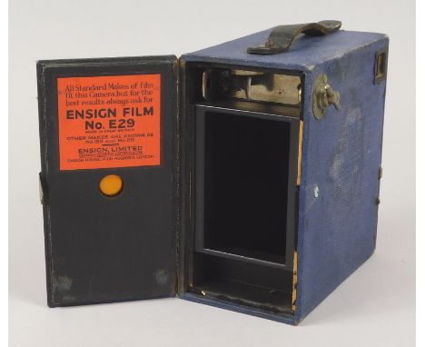 A Houghton Butcher Ensign E29 box camera, made in 1930s in blue leatherette