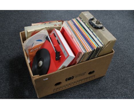 A box of portable Fidelity record player, LP's including Frank Sinatra, George Formby etc 