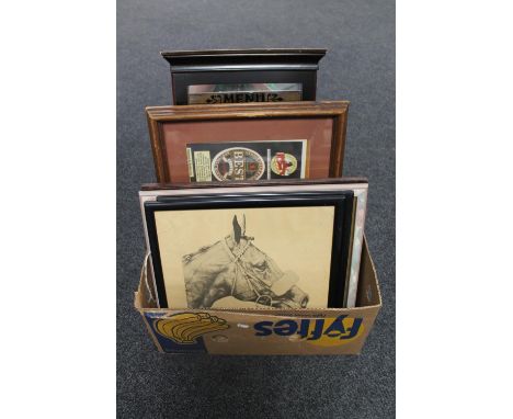 A box containing assorted framed pictures and prints including RAF aircraft, George Gale Beer Montage, folding lap tray etc