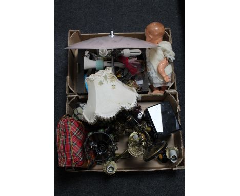 Two boxes of costume jewellery, light fittings, jewellery box, Tiffany style table lamp, mid 20th century doll etc 