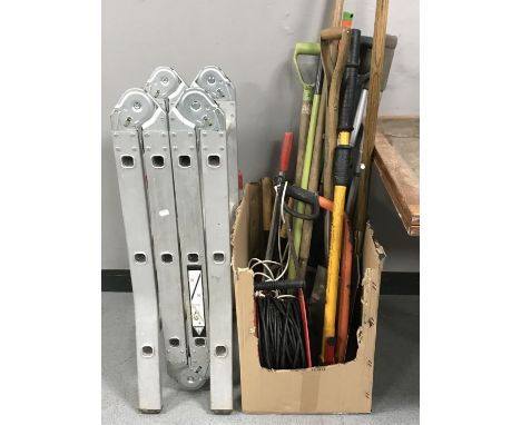 A folding aluminium multi function ladder, garden tools, extension cable on reel 