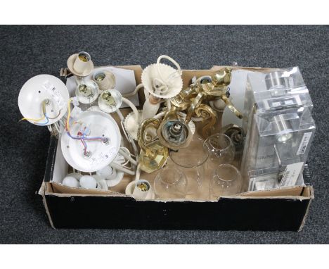 A box of assorted light fittings, brass wall lights, spot lights, Ikea lights etc 