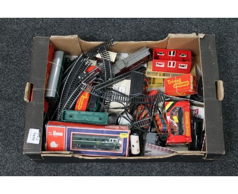 A box of Hornby Railways rolling stock, track and accessories, boxed Lima diesel engine 