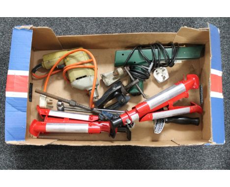A box of assorted tools - wrench, Black &amp; Decker drill, ball joint separator, pair of car axle stands etc  