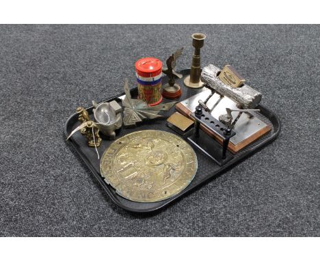 A tray containing Elizabeth II Coronation money ox, Trench art candle stick, brass figure of an eagle on a wooden base, a des