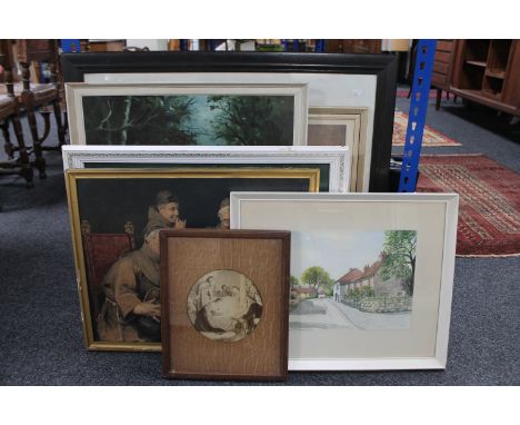An oak framed WWI Memorial, "London and Midland Bank owe their lives to the country" together with five further framed pictur