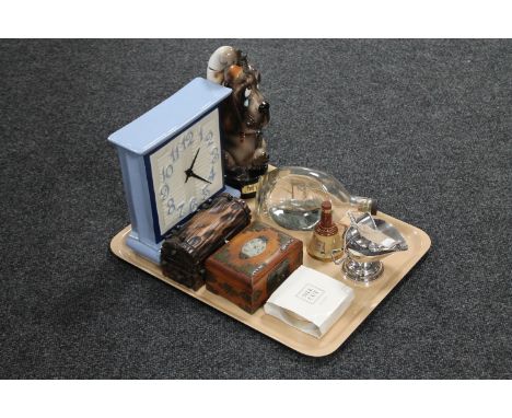 A tray of ship in bottle, boxed lighter, trinket boxes, miniature coal scuttle and shovel, china mantel clock