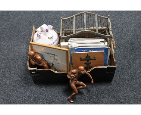 A box containing a pottery Real Madrid flagon, vintage bird cage, antique collectors books, gnome figures etc