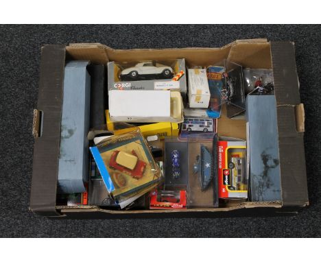 A box of assorted boxed die cast vehicles - Corgi Bentley R Type, Atlas war ships etc 