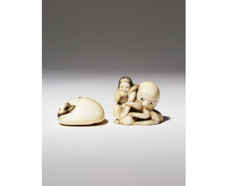 λ TWO JAPANESE IVORY NETSUKE MEIJI PERIOD, 19TH CENTURY One depicting an ama, the pearl diving girl covering her mouth modest