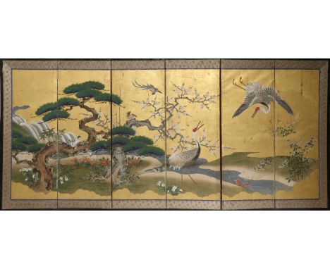 A SMALL JAPANESE SIX-FOLD PAPER SCREEN, BYOBU MEIJI PERIOD, 19TH CENTURY Painted with two large cranes and other smaller bird