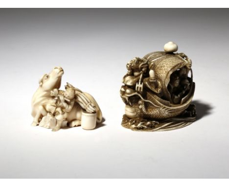 λ TWO SMALL JAPANESE IVORY CARVINGS, OKIMONO MEIJI PERIOD, 19TH CENTURY One carved as the Seven Gods of Good Fortune on their