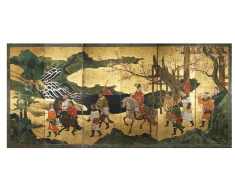 A LARGE JAPANESE KANO SCHOOL SIX-FOLD PAPER SCREEN, BYOBU MOMOYAMA OR LATER, 16TH CENTURY OR LATER Depicting a procession in 