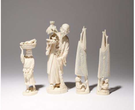 λ FOUR JAPANESE IVORY CARVINGS, OKIMONO MEIJI PERIOD, 19TH CENTURY One an elderly man carrying a bird table with two small sp