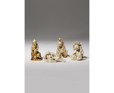 λ FOUR JAPANESE IVORY NETSUKE MEIJI PERIOD, 19TH CENTURY One a smoking man, reclining and with a small monkey examining his e