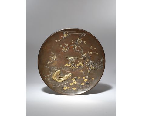 A JAPANESE MIXED METAL DISH MEIJI PERIOD, 19TH CENTURY Decorated to the well with two men fighting a large dragon emerging fr
