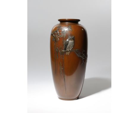 A JAPANESE INLAID BRONZE VASE BY THE KURODA WORKSHOP MEIJI PERIOD, 19TH CENTURY The tall baluster body decorated with a long-