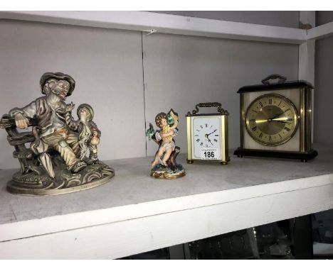 A metamec mantle clock, carriage clock & 2 capodimonte figures