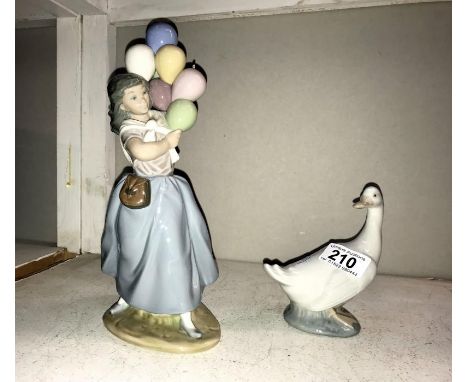 A Lladro figure of a girl with balloons & Nao figure of a goose